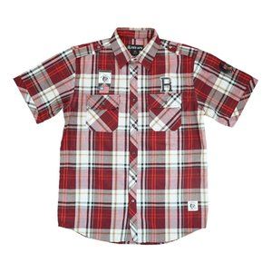 Red‎ Ape Shirt Mens XL Red Plaid Short Sleeve Pockets Button Up Casual